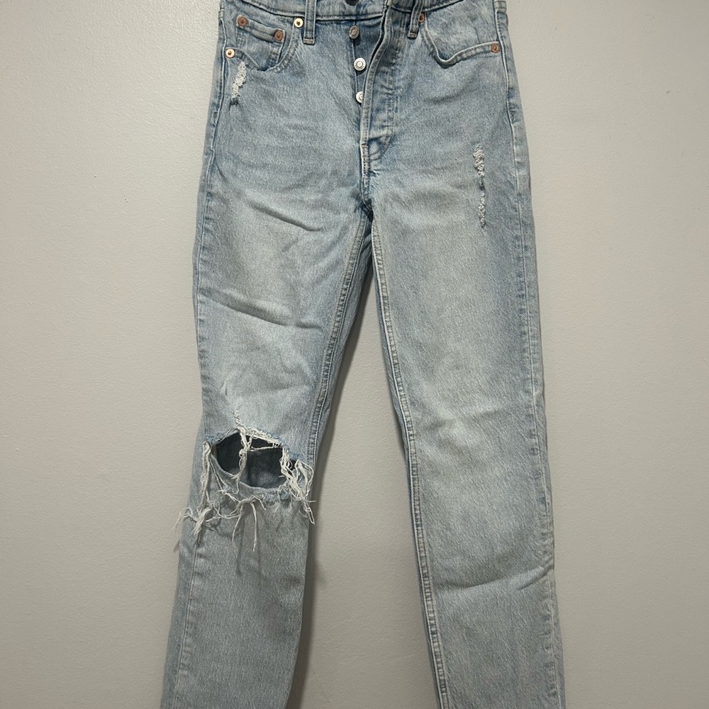 Light Blue Distressed Straight Leg Women's Jeans